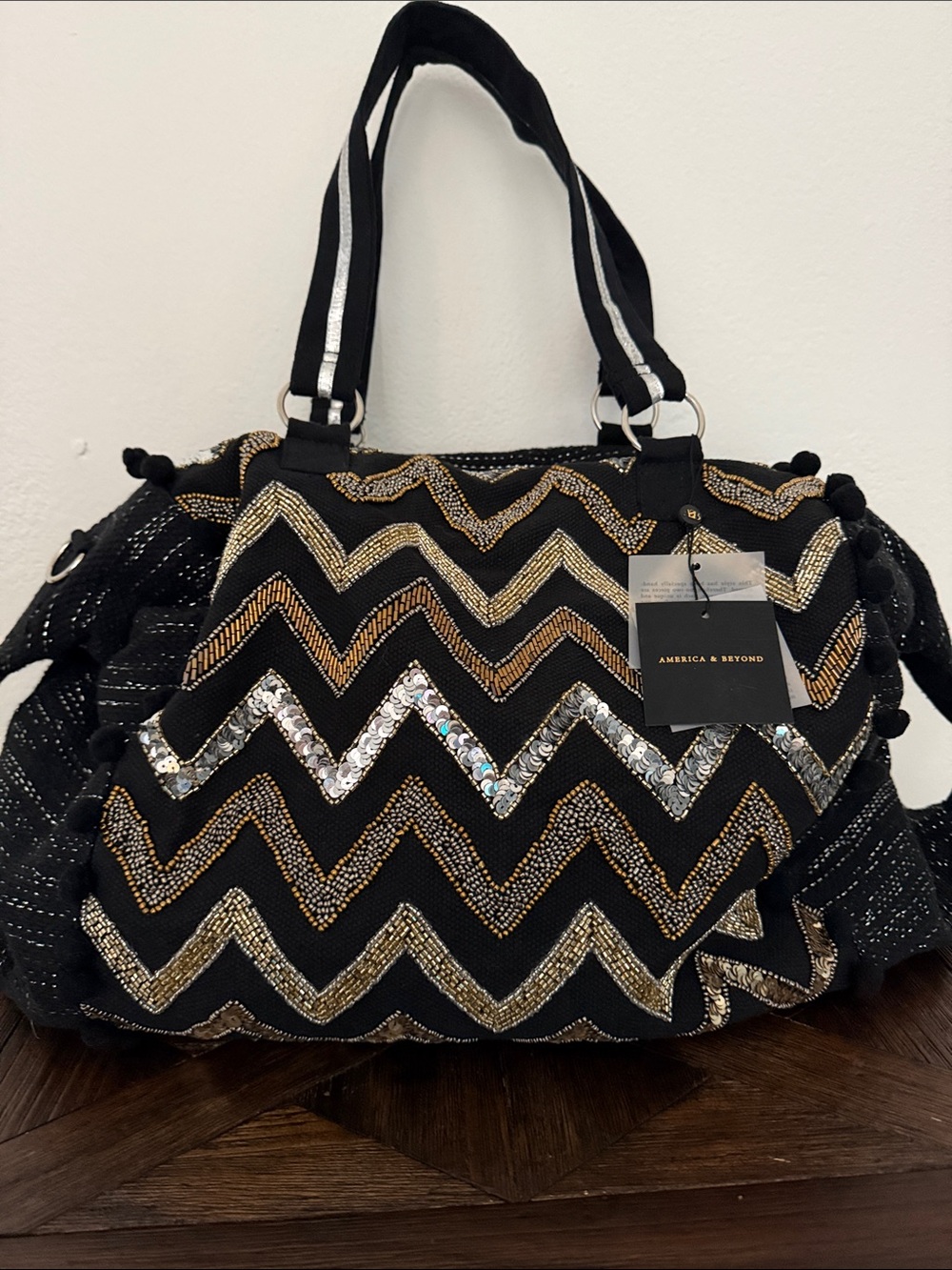 America & Beyond Embellished Beaded Chevron Tote Bag Jungle Animal Lining NWT